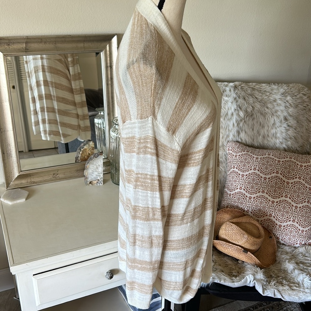 Talbots cream tan striped cotton open long cardigan sweater Large petite​​​ - Picture 8 of 12